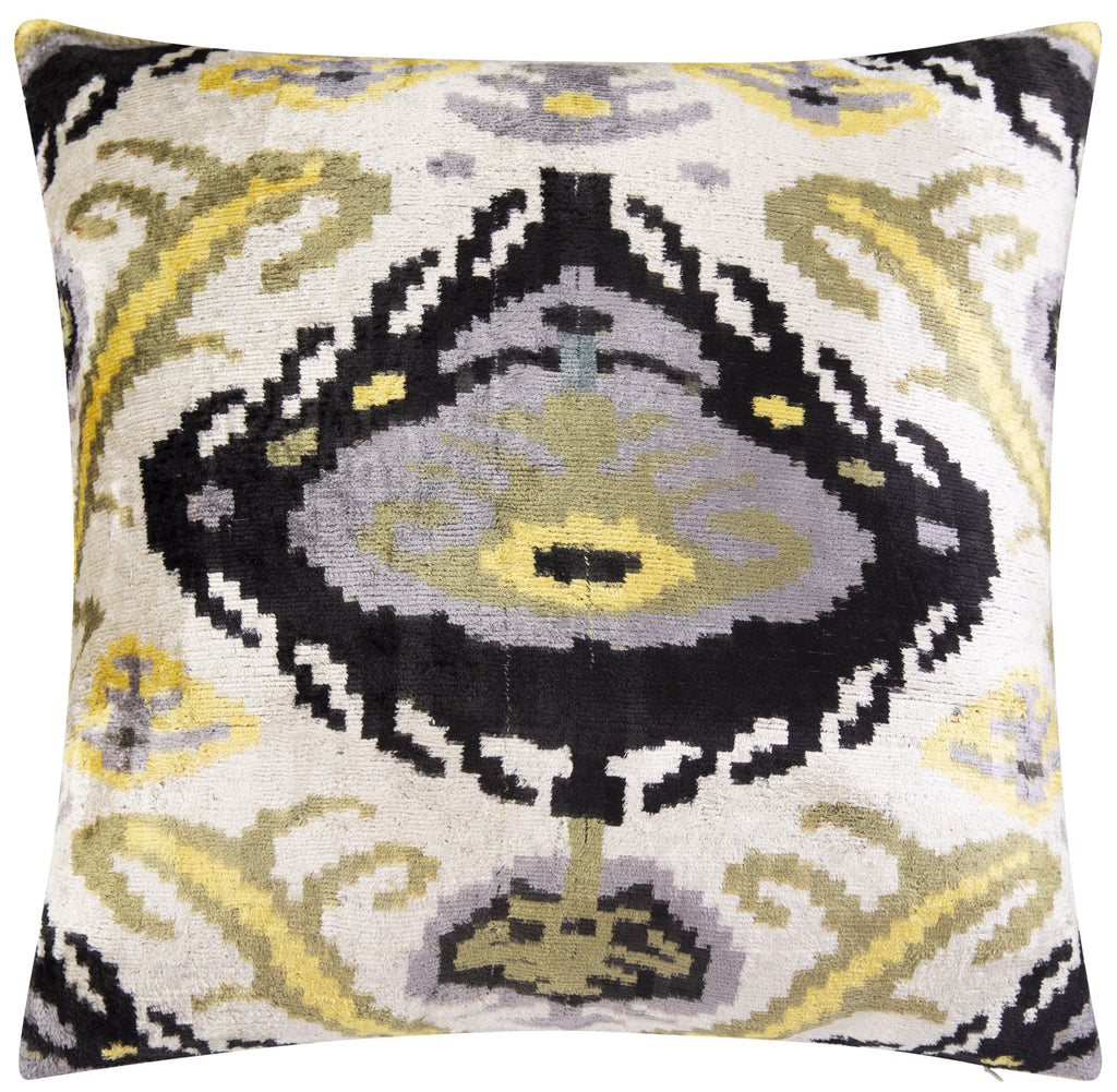 Handmade Velvet Throw Pillow - 20x20 Inches, Naturally Vegetable-Dyed, Premium Down Feather Insert - Black, Gold, and Gray Ikat Pattern, Luxury Home Decor Accent-0