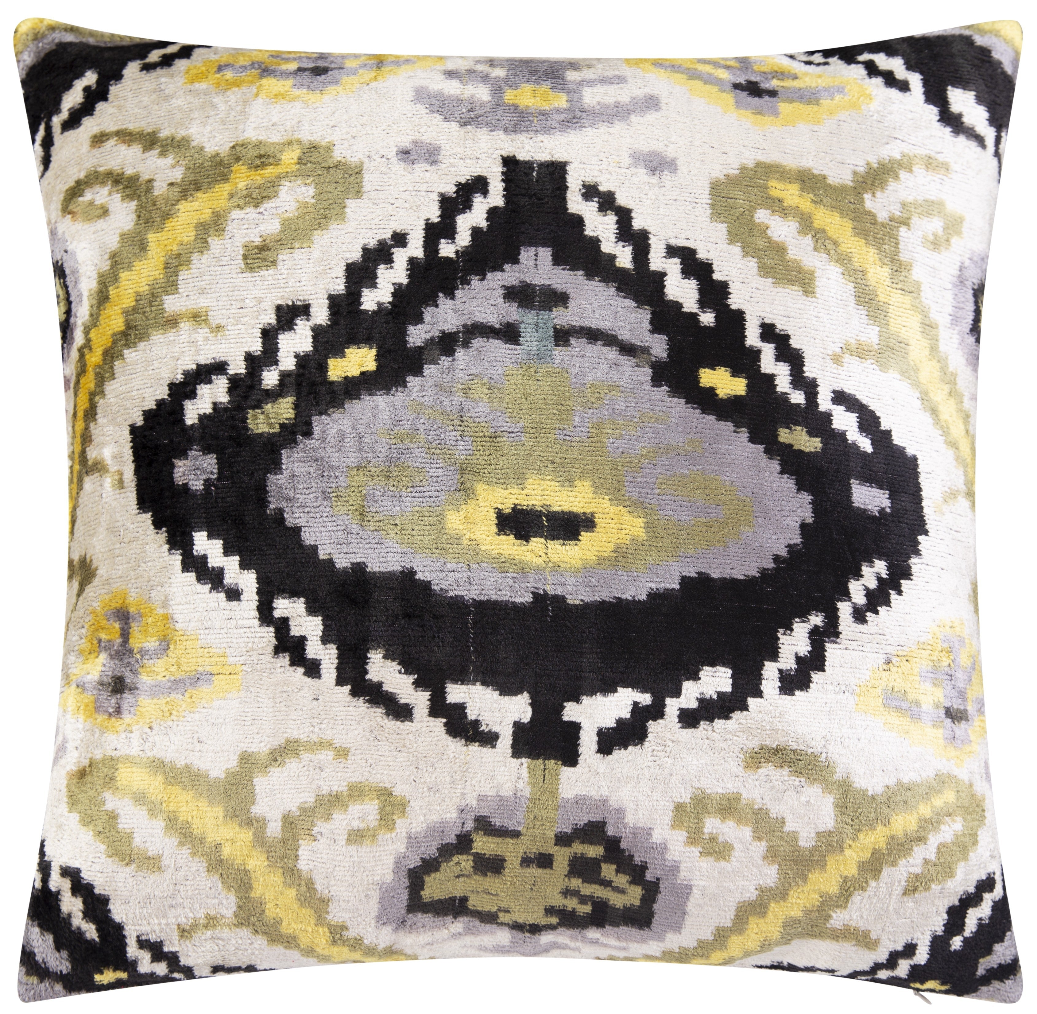 Handmade Velvet Throw Pillow - 20x20 Inches, Naturally Vegetable-Dyed, Premium Down Feather Insert - Black, Gold, and Gray Ikat Pattern, Luxury Home Decor Accent-0