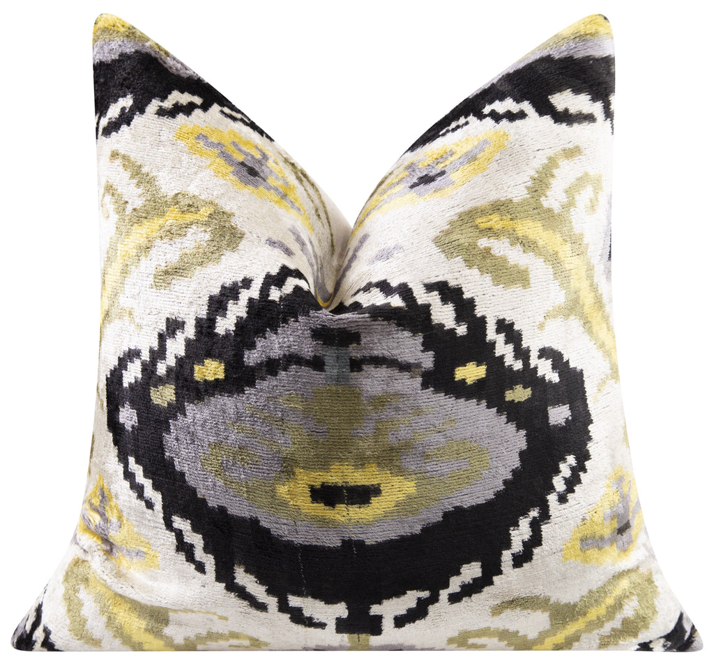 Handmade Velvet Throw Pillow - 20x20 Inches, Naturally Vegetable-Dyed, Premium Down Feather Insert - Black, Gold, and Gray Ikat Pattern, Luxury Home Decor Accent-2