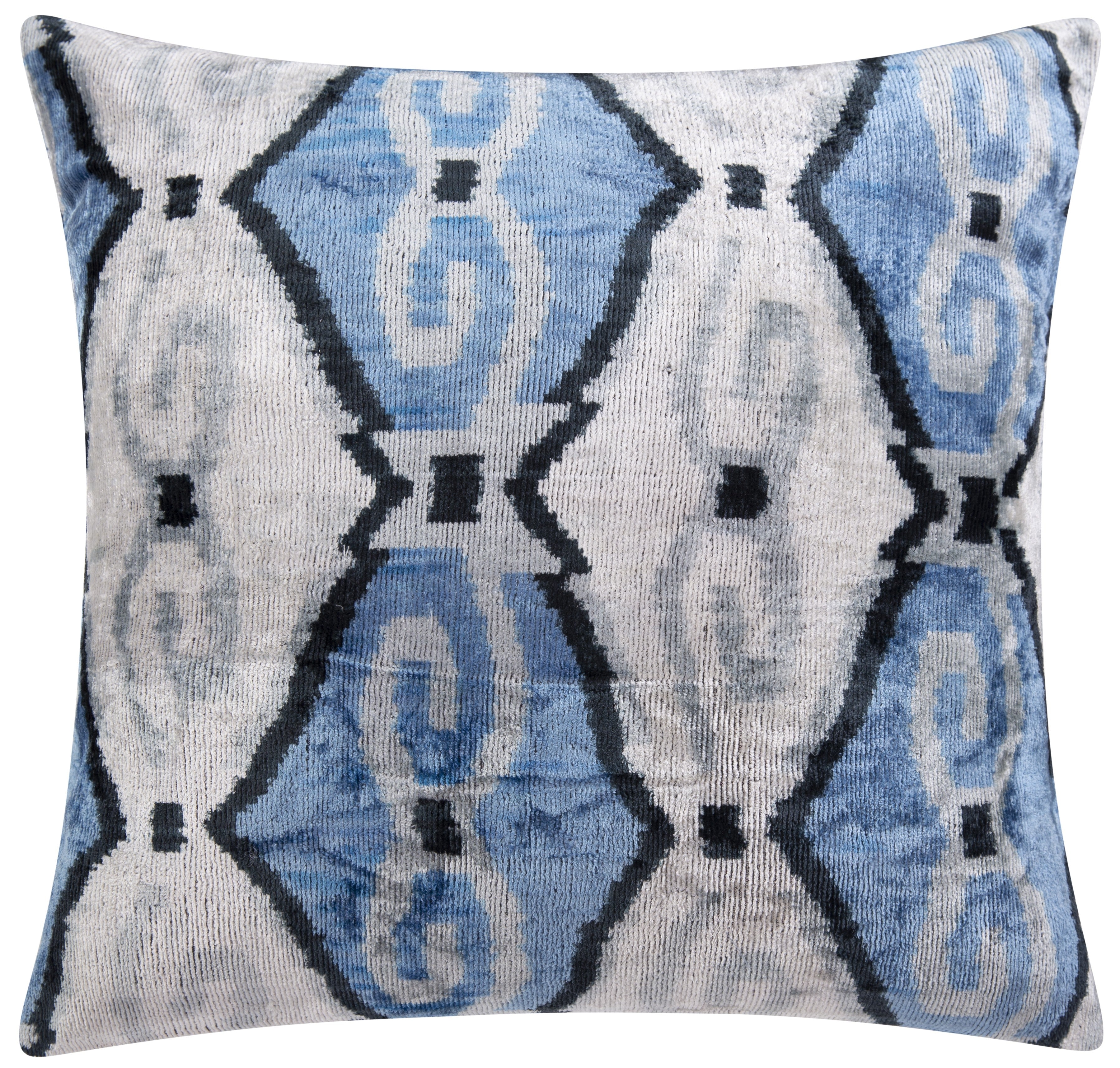 Handmade Velvet Throw Pillow - 20x20 Inches, Naturally Vegetable-Dyed, Premium Down Feather Insert - Blue, Black, and White Ikat Pattern, Luxury Home Decor Accent-0