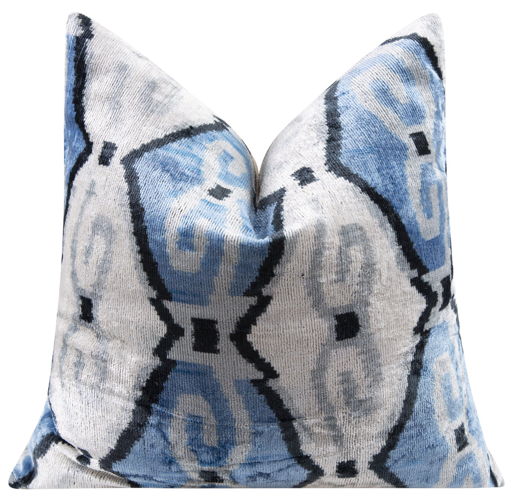 Handmade Velvet Throw Pillow - 20x20 Inches, Naturally Vegetable-Dyed, Premium Down Feather Insert - Blue, Black, and White Ikat Pattern, Luxury Home Decor Accent-2