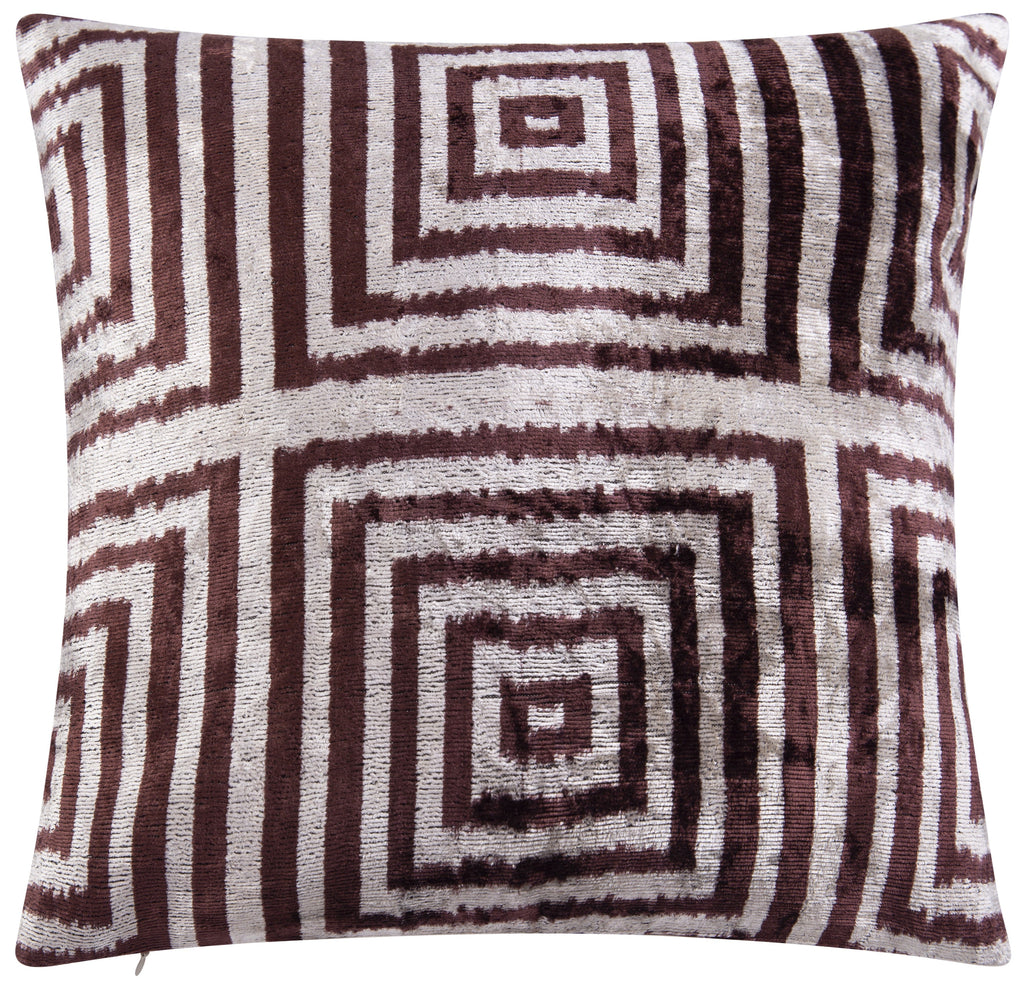 Handmade Velvet Throw Pillow - 16x16 Inches, Naturally Vegetable-Dyed, Premium Down Feather Insert - Brown and Beige Geometric Square Design, Luxury Home Decor Accent-0