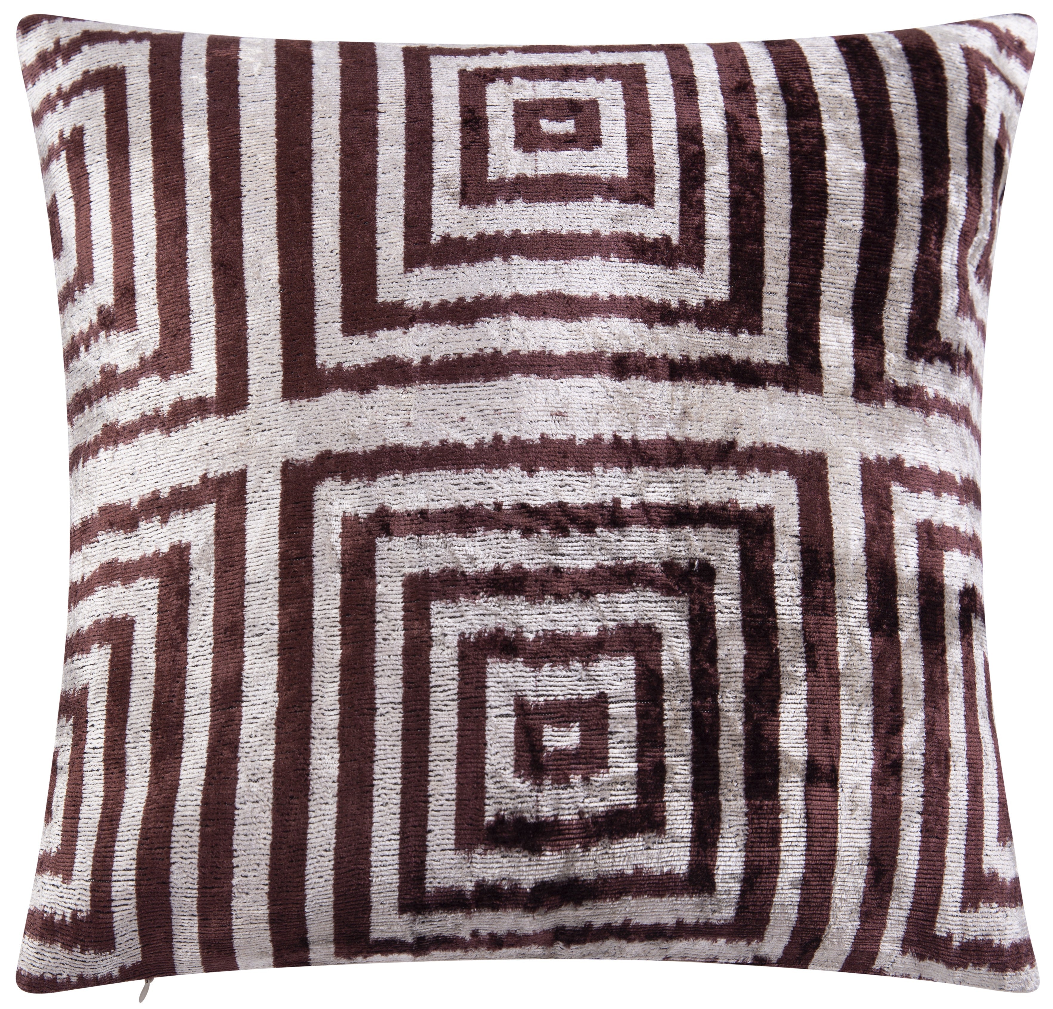 Handmade Velvet Throw Pillow - 16x16 Inches, Naturally Vegetable-Dyed, Premium Down Feather Insert - Brown and Beige Geometric Square Design, Luxury Home Decor Accent-0