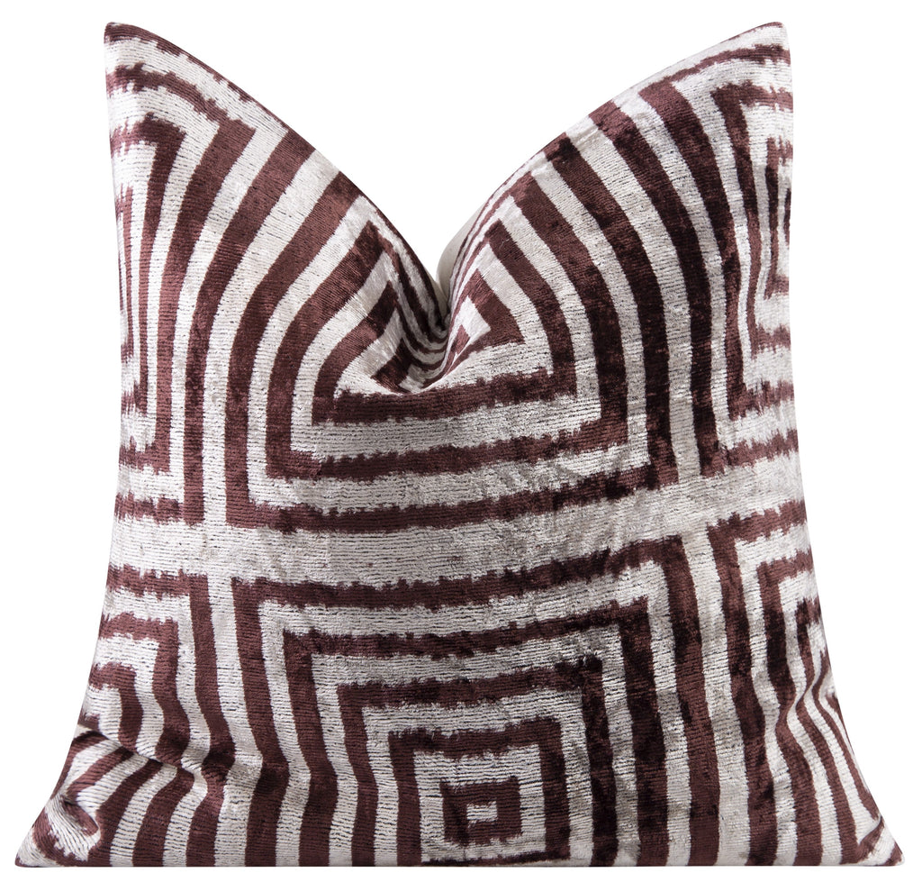Handmade Velvet Throw Pillow - 16x16 Inches, Naturally Vegetable-Dyed, Premium Down Feather Insert - Brown and Beige Geometric Square Design, Luxury Home Decor Accent-2