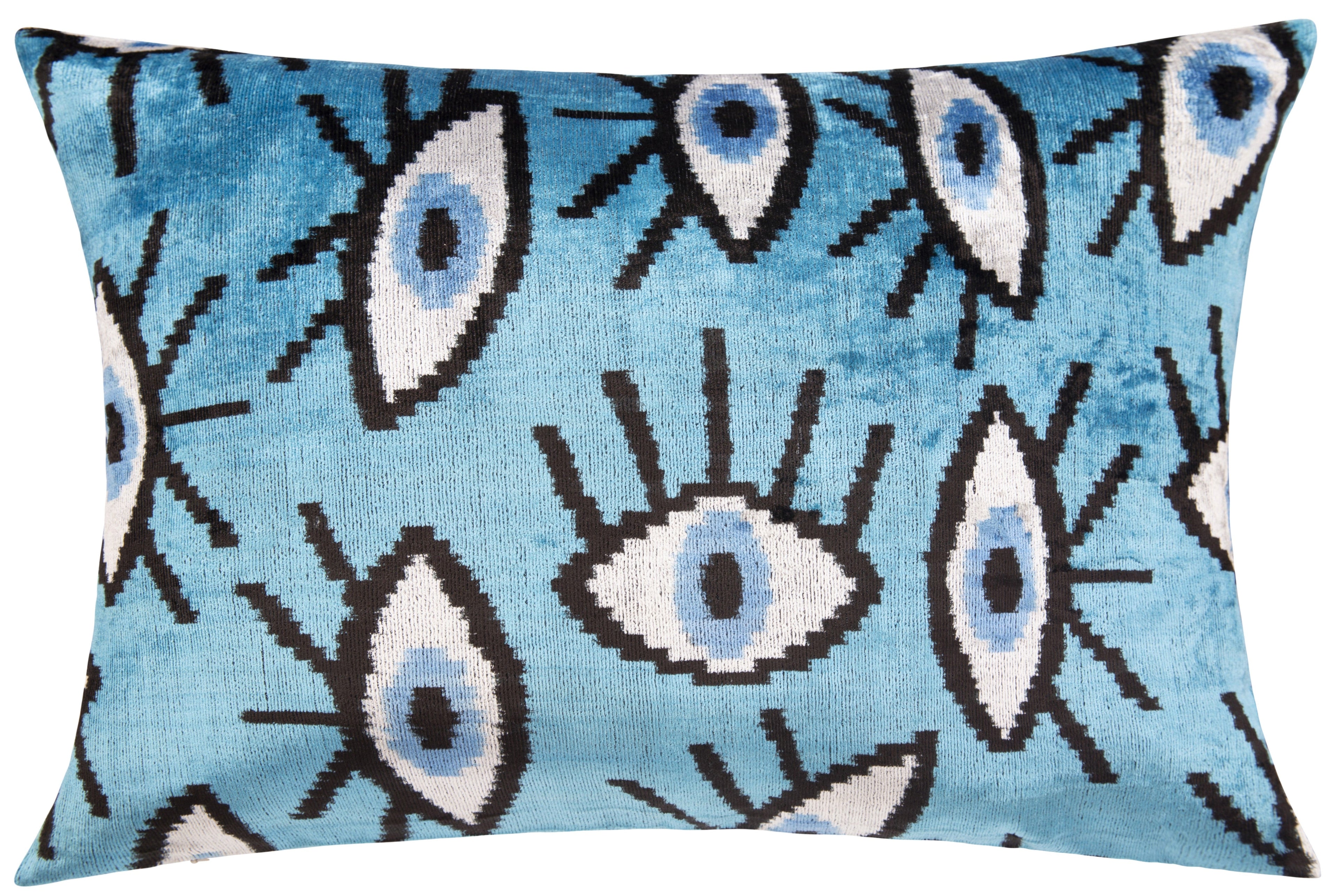 Canvello Handmade Velvet Evil Eye Pillow – 16x24 Luxury Decorative Throw Cushion for Home Decor – Feather Down Insert, Vegetable-Dyed, Vibrant Blue Accent-0